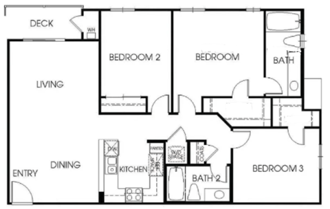 Floor plan for 3 beds, 2 baths, 1165 sqft